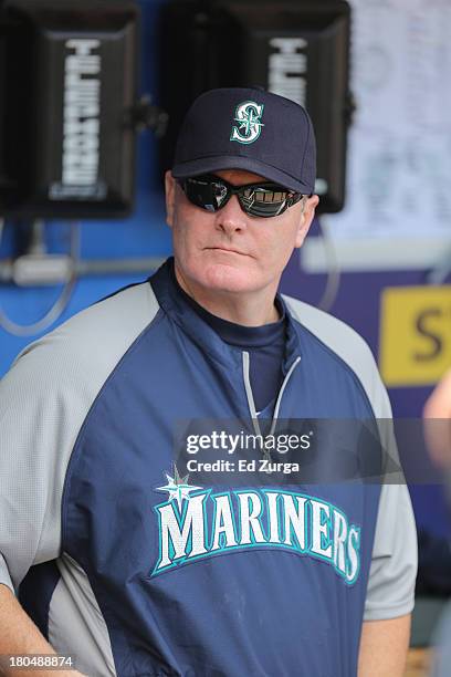 Manager Eric Wedge of the Seattle Mariners looks on prior to a game against the Kansas City Royals at Kauffman Stadium on September 5, 2013 in Kansas...