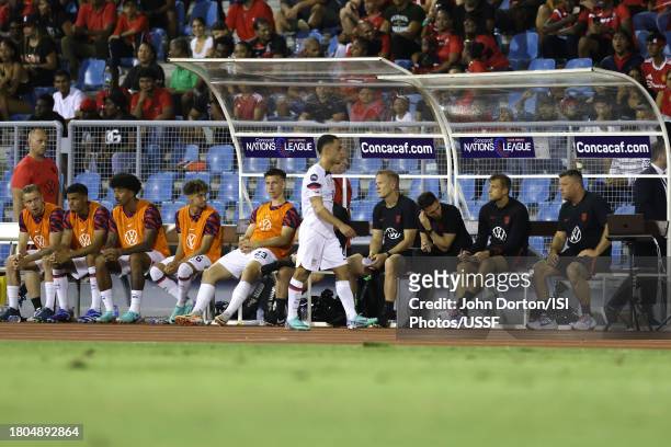 Sergiño Dest of the United States leaves the field after being red carded during the first half against Trinidad and Tobago at Hasely Crawford...