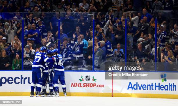 Tanner Jeannot of the Tampa Bay Lightning celebrates a goal in the first period during a game against the Boston Bruins at Amalie Arena on November...
