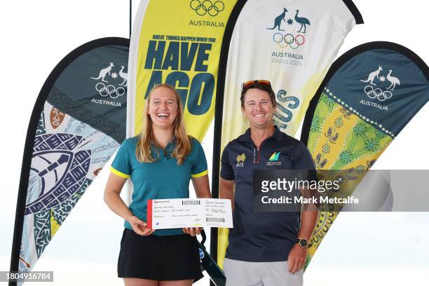 Kite Foil sailor Breiana Whitehead poses with Shane Smith, the Australian Sailing team Kite Foil coach during an Australian Paris 2024 Olympic Games...