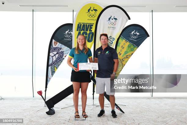 Kite Foil sailor Breiana Whitehead poses with Shane Smith, the Australian Sailing team Kite Foil coach during an Australian Paris 2024 Olympic Games...