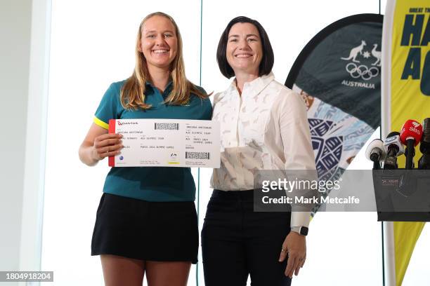 Kite Foil sailor Breiana Whitehead poses with Chef de Mission of the Australian Olympic Team for the Paris 2024 Olympic Games Anna Meares during an...