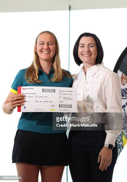 Kite Foil sailor Breiana Whitehead poses with Chef de Mission of the Australian Olympic Team for the Paris 2024 Olympic Games Anna Meares during an...