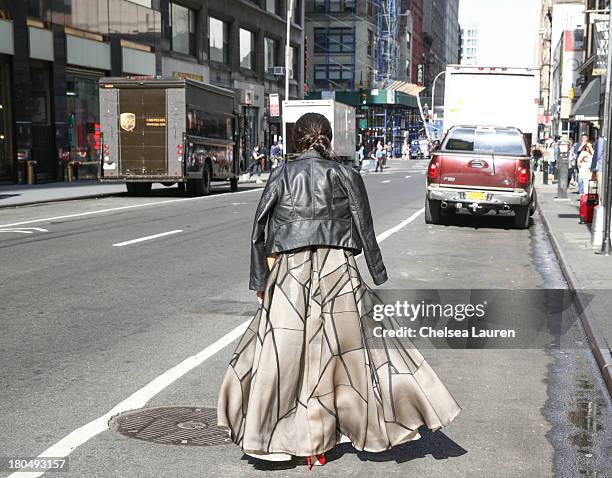 Nausheen Shah, writer and stylist working with MarieClaire.com and the New York Post, wears a Bibhu Mohapatra Spring 2014 onyx fracture organza...