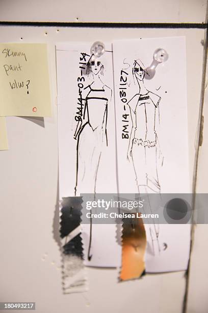 Sketched by designer Bibhu Mohapatra and fabric swatches pinned to his studio wall on September 13, 2013 in New York City.