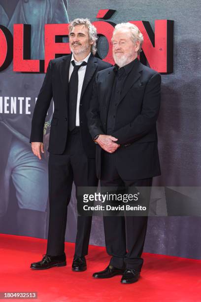 Actor Joaquin Phoenix and director Ridley Scott attend the Madrid premiere "Napoleon" at Museo Nacional del Prado on November 20, 2023 in Madrid,...