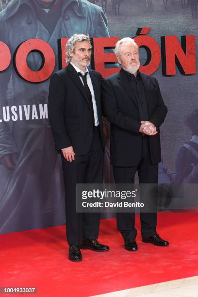 Actor Joaquin Phoenix and director Ridley Scott attend the Madrid premiere "Napoleon" at Museo Nacional del Prado on November 20, 2023 in Madrid,...