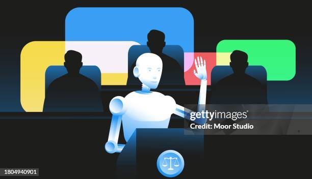 roboter, der eine rede in einer gerichtsvektorillustration hält - rules stock-grafiken, -clipart, -cartoons und -symbole