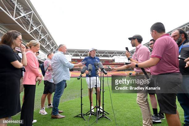 Cameron Smith speaks to the media after competing in a mowing challenge with fellow Australian golfer Marc Leishman ahead of the 2023 Australian PGA...