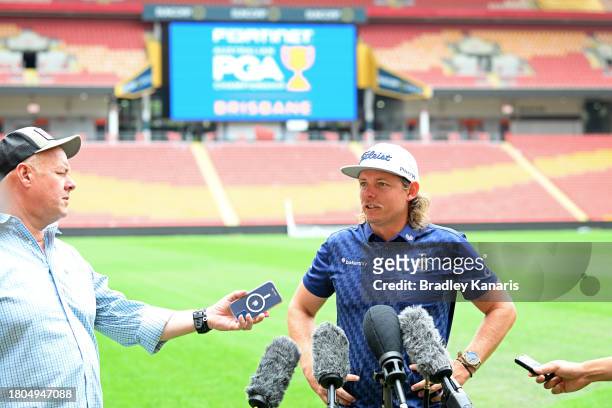 Cameron Smith speaks to the media after competing in a mowing challenge with fellow Australian golfer Marc Leishman ahead of the 2023 Australian PGA...