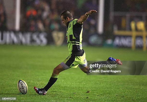 Stephen Myler of Northampton kicks a penalty during the Aviva Premiership match between Harlequins and Northampton Saints at Twickenham Stoop on...