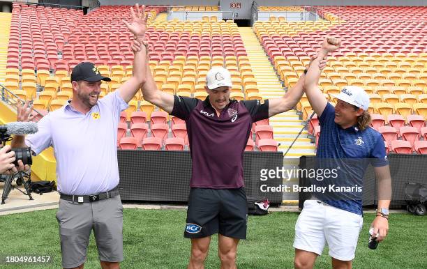 Brisbane Broncos NRL player Corey Oates declares it a draw after Cameron Smith and Marc Leishman competed in a mowing challenge ahead of the 2023...