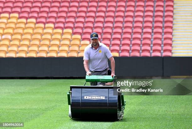 Marc Leishman competes in a mowing challenge against fellow Australian golfer Cameron Smith ahead of the 2023 Australian PGA Championship at Suncorp...