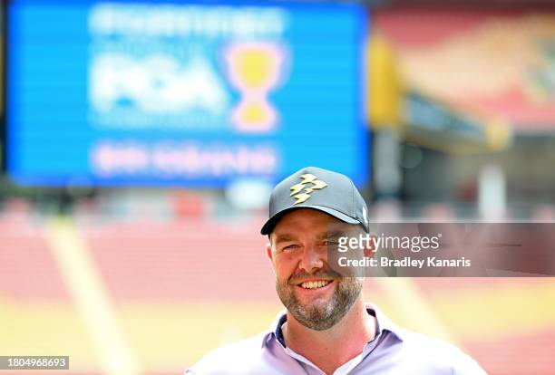 Marc Leishman speaks to the media after competing in a mowing challenge with fellow Australian golfer Cameron Smith ahead of the 2023 Australian PGA...