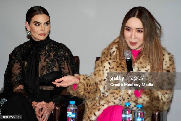 Cinthya de la Vega and Anne Jakrajutatip attend a press conference at Torre Mayor on November 20, 2023 in Mexico City, Mexico.