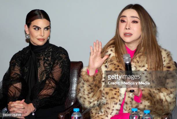 Cinthya de la Vega and Anne Jakrajutatip attend a press conference at Torre Mayor on November 20, 2023 in Mexico City, Mexico.