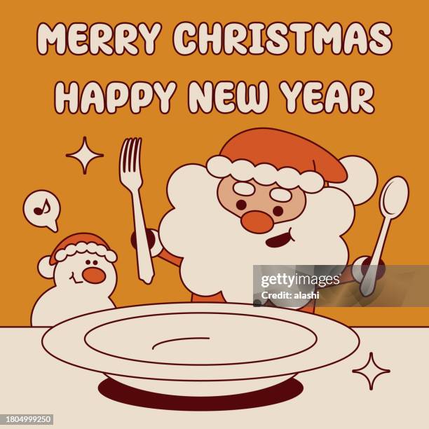 cute santa claus sits at the table with a spoon and fork, ready to eat, and wishes you a merry christmas and a happy new year - breakfast with view stock illustrations