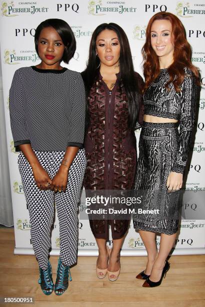 Keisha Buchanan, Mutya Buena and Siobhan Donaghy attend the PPQ Spring/Summer 2014 After Show Party Cocktails and VIP Dinner with Perrier-Jouët at...