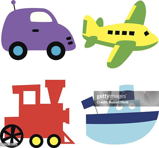 car train plane boat - model airplane stock illustrations