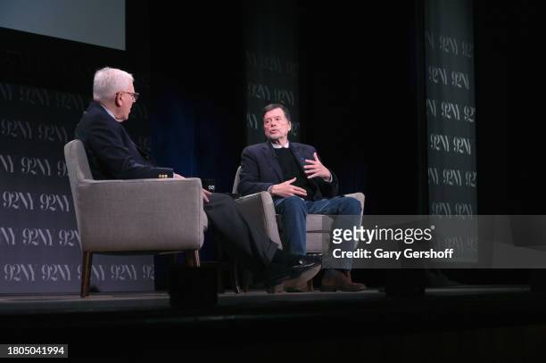 Event moderator David Rubenstein and Ken Burns attend Iconic America: David Rubenstein and Ken Burns in conversation at The 92nd Street Y, New York...