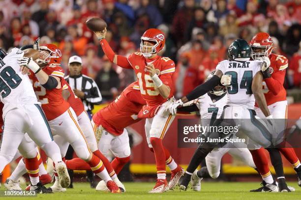 Patrick Mahomes of the Kansas City Chiefs passes the ball against the Philadelphia Eagles in the first half at GEHA Field at Arrowhead Stadium on...