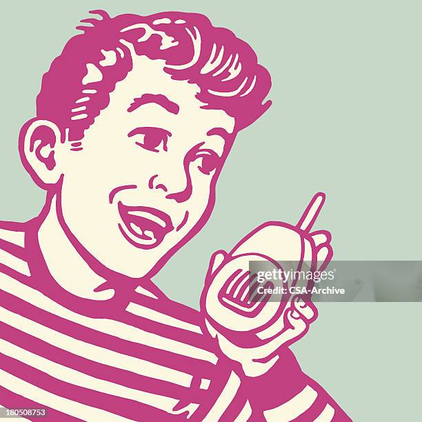 boy talking into a walkie talkie - vintage walkie talkies stock illustrations