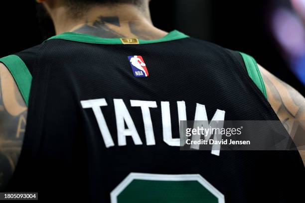 Detail of the jersey of Jayson Tatum of the Boston Celtics during the second half of an NBA game against the Charlotte Hornets at Spectrum Center on...