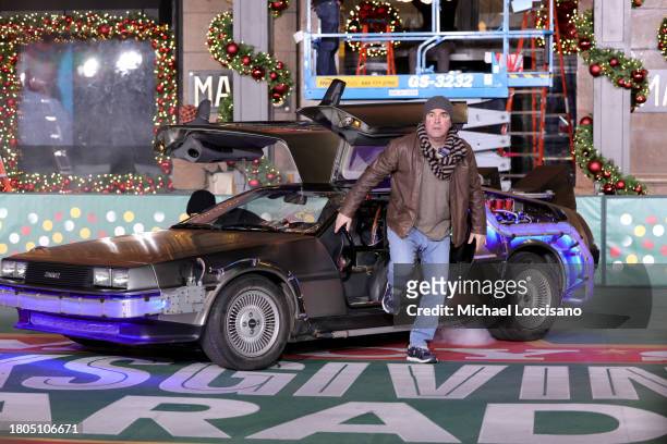 Roger Bart performs "Back to the Future: The Musical" during day one of 97th Macy's Thanksgiving Day Parade rehearsals at Macy's Herald Square on...