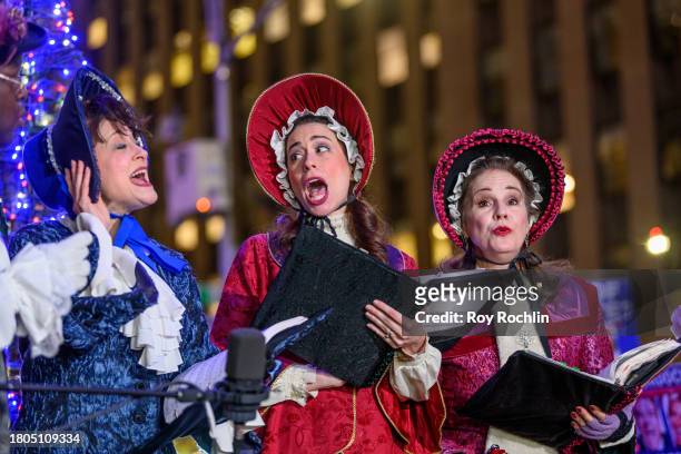 Carolers in costumes perform during the Fox News 4th annual all-American Christmas Tree lighting at Fox News Channel Studios on November 20, 2023 in...