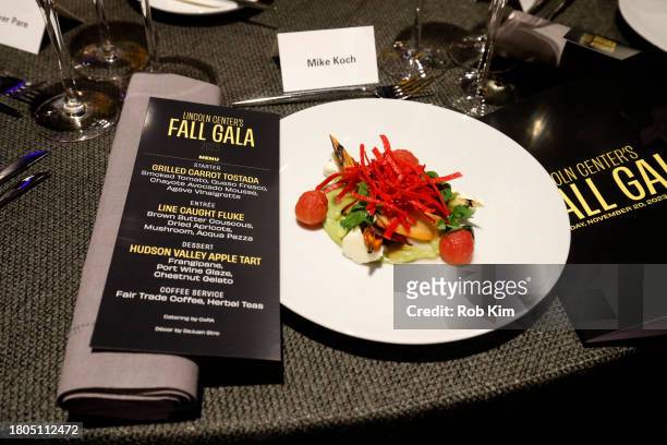 View of the table setting at Lincoln Center's Fall Gala honoring James G. Dinan at David Geffen Hall on November 20, 2023 in New York City.