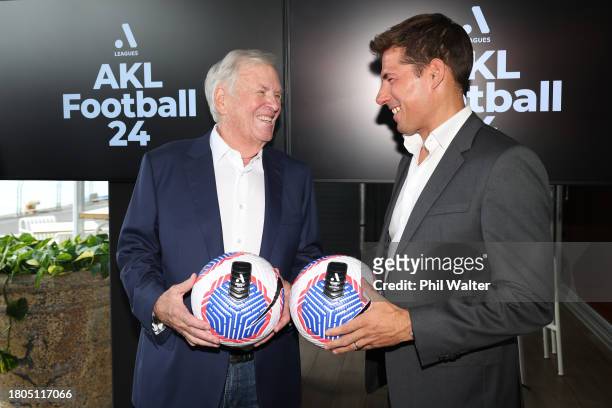 Bill Foley, general partner of the global multi club football operator Black Knight Football Club and Nick Garcia, A-Leagues Commissioner pos during...