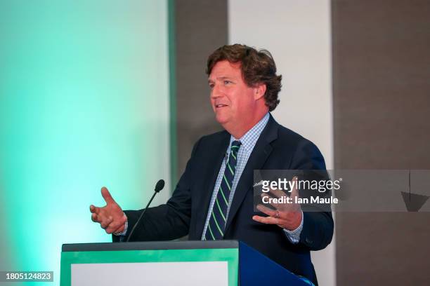 Tucker Carlson speaks during RiskOn360! GlobalSuccess Conference at Ahern Hotel and Convention Center on November 20, 2023 in Las Vegas, Nevada.