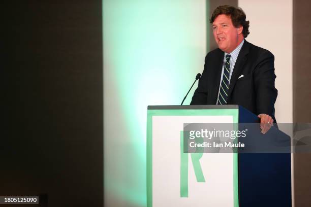 Tucker Carlson speaks during RiskOn360! GlobalSuccess Conference at Ahern Hotel and Convention Center on November 20, 2023 in Las Vegas, Nevada.