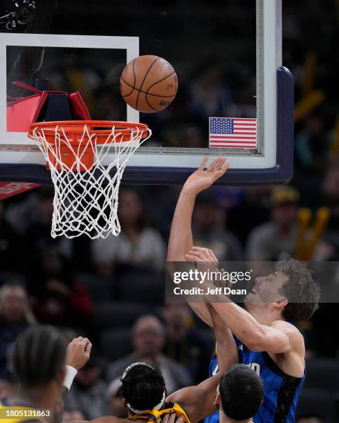 Franz Wagner of the Orlando Magic shoots against the Indiana Pacers at Gainbridge Fieldhouse on November 19, 2023 in Indianapolis, Indiana. NOTE TO...