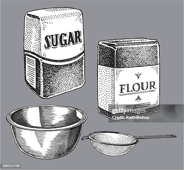 sugar and flour, cooking items - bowl, sifter - flour stock illustrations