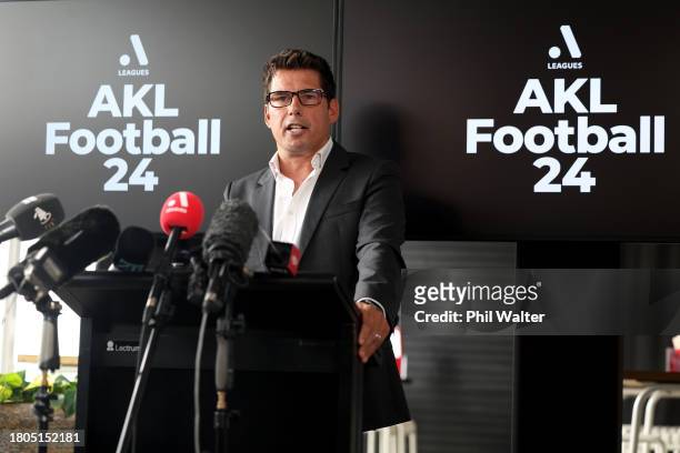 Nick Garcia, A-Leagues Commissioner speaks during an A-Leagues Media Conference at Somm, Shed 22 on November 21, 2023 in Auckland, New Zealand.