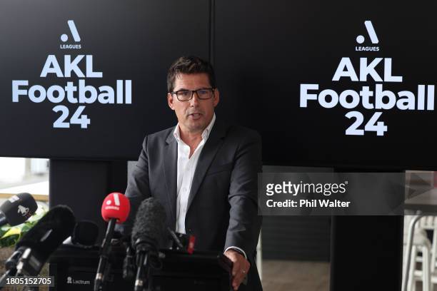 Nick Garcia, A-Leagues Commissioner speaks during an A-Leagues Media Conference at Somm, Shed 22 on November 21, 2023 in Auckland, New Zealand.