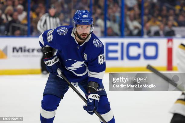 Nikita Kucherov of the Tampa Bay Lightning against the Boston Bruins during the first period at Amalie Arena on November 20, 2023 in Tampa, Florida.