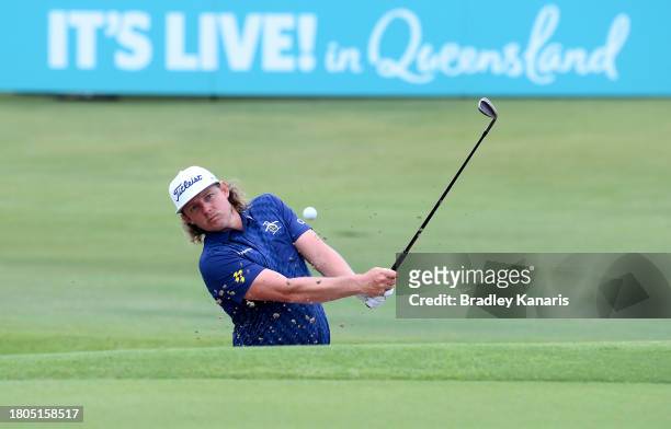 Cameron Smith plays a shot out of the bunker on the 18th hole ahead of the 2023 Australian PGA Championship at Royal Queensland Golf Club on November...