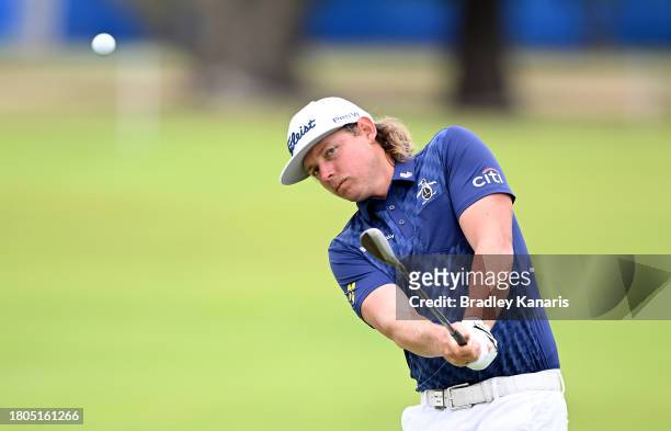Cameron Smith plays a shot on the 18th hole ahead of the 2023 Australian PGA Championship at Royal Queensland Golf Club on November 21, 2023 in...