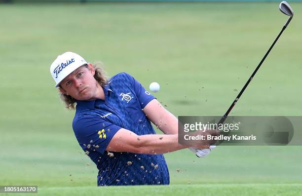 Cameron Smith plays a shot out of the bunker on the 18th hole ahead of the 2023 Australian PGA Championship at Royal Queensland Golf Club on November...