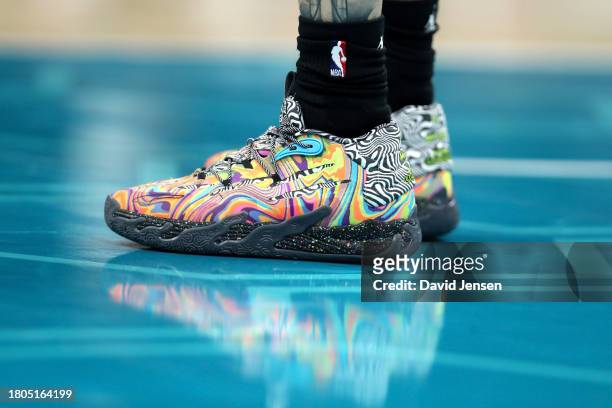 Detail of the shoes worn by LaMelo Ball of the Charlotte Hornets during the second half of an NBA game against the Boston Celtics at Spectrum Center...