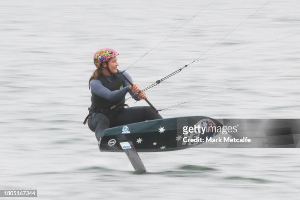 Kite Foil sailor Breiana Whitehead takes part in a sailing demonstration during an Australian Paris 2024 Olympic Games Team Selection Media...