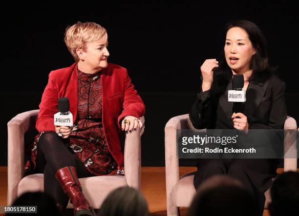 Catherine Smith and Miho Suzuki speak onstage during Variety And Apple TV+ "Lessons In Chemistry" Screening, Q&A And Reception at Linwood Dunn...