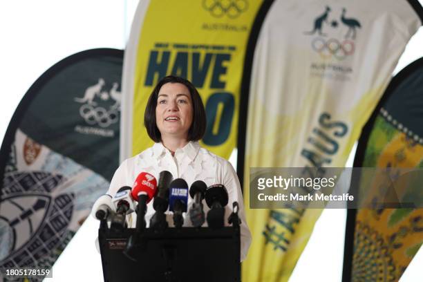 Chef de Mission of the Australian Olympic Team for the Paris 2024 Olympic Games Anna Meares speaks to media during an Australian Paris 2024 Olympic...