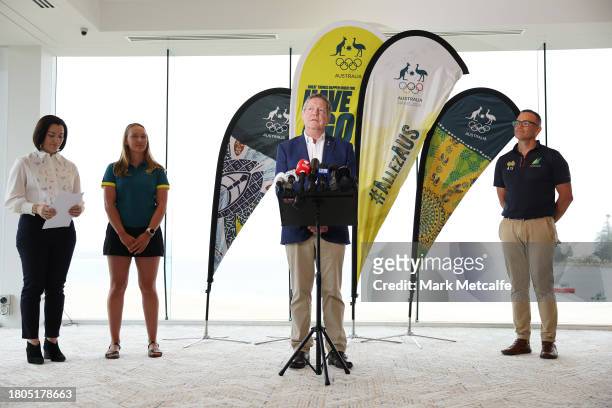 Matt Carroll, AOC Chief Executive Officer speaks to media during an Australian Paris 2024 Olympic Games Team Selection Media Opportunity at the...