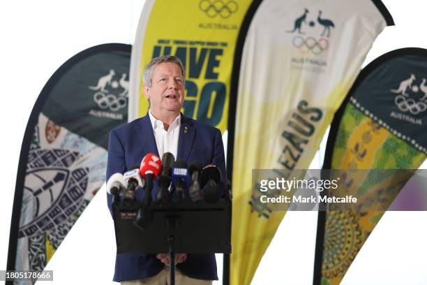 Matt Carroll, AOC Chief Executive Officer speaks to media during an Australian Paris 2024 Olympic Games Team Selection Media Opportunity at the...