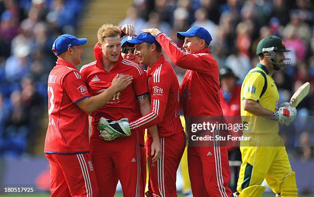 England bowler Ben Stokes celebrates after taking the wicket of Shaun Marsh during the 4th NatWest Series ODI between England and Australia at SWALEC...