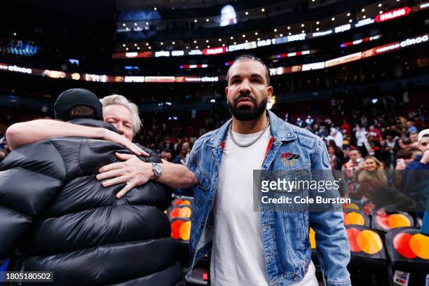 Rapper Drake leaves the court after the NBA In-Season Tournament game between the Toronto Raptors and the Boston Celtics at Scotiabank Arena on...