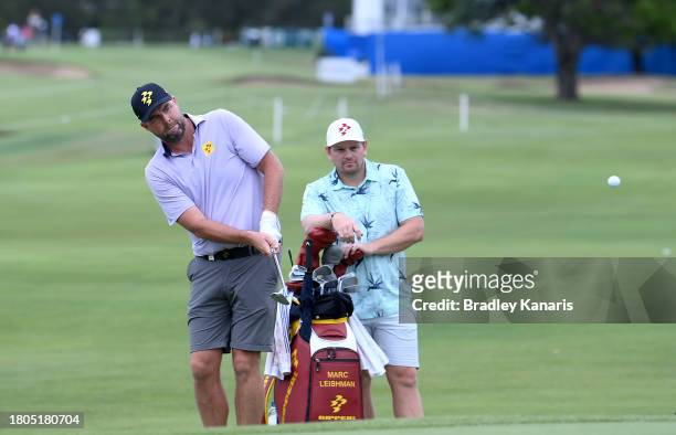Marc Leishman plays a shot on the 18th hole ahead of the 2023 Australian PGA Championship at Royal Queensland Golf Club on November 21, 2023 in...
